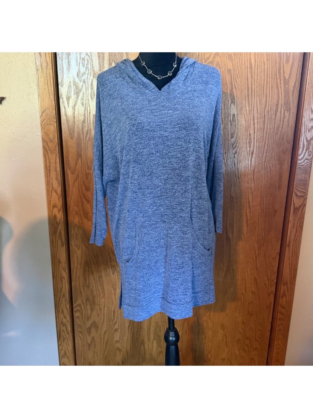 Tribal Womens Tunic Hoodie Sz M Blue Heathered Knit Kangaroo Pocket Side Slits